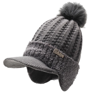 Dark grey knitted trapper hat with visor and faux fur pom pom for winter warmth