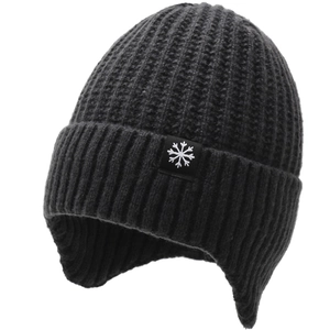 Men's black knit ear-flap beanie with white snowflake patch for winter warmth