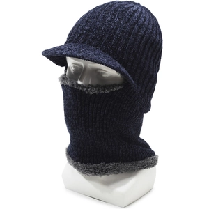 Men's thick fleece knit balaclava hat with brim and ear flaps for winter riding