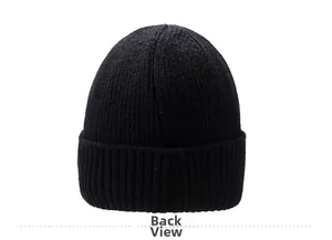 Detailed back view of heavy knit black beanie showing thick ribbed texture and wide folded cuff