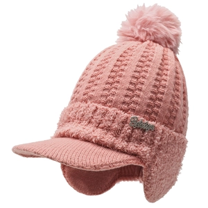 Pink winter knit beanie hat with faux fur pom and ear flaps for cold weather protection