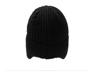 Close-up of the back view of a black knitted winter beanie with vertical ribbed texture
