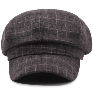 Vintage wool blend plaid newsboy cap for women in dark charcoal with retro checkered pattern
