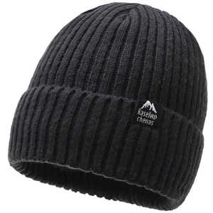 Classic black ribbed knit beanie for men and women with mountain logo patch for skiing