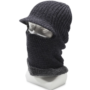 Men's thermal dark grey knit balaclava with brim and thick fleece neck warmer