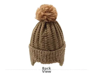 Back view of brown winter knit beanie with thick fleece lining and faux fur pompom