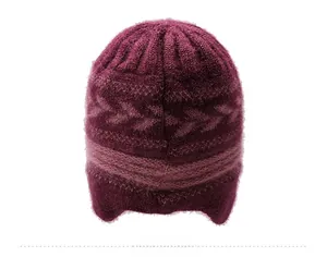 Rear view detail showing the jacquard knit texture and earflap design of this warm winter hat