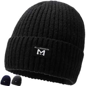 Detailed macro view of thick ribbed knit texture and logo patch on winter beanie hats