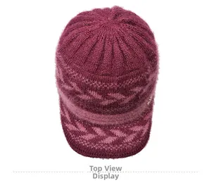 Top view of wine red winter knit hat with floral jacquard and fuzzy texture detail