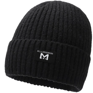 Close-up of black ribbed knit beanie featuring a square logo patch and soft fiber texture
