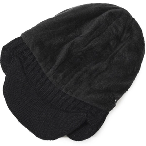 Detailed view of the thick fleece lining and black knit texture of the winter beanie hat