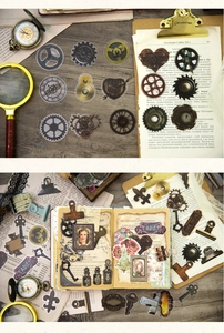 Détails d'autocollants PET steampunk avec engrenages et horloges pour scrapbooking