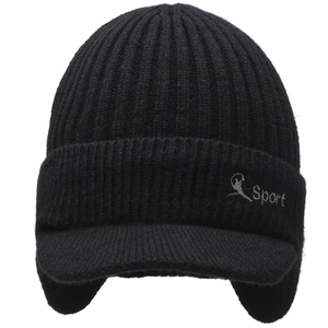 Black knitted ear protection beanie hat with Sport embroidery and fleece lining