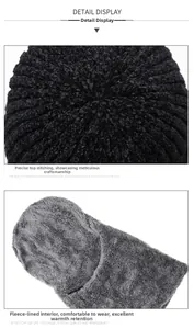 Detail display of winter knit hat featuring warm fleece lining and precision stitching