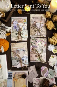 Macro detail of vintage stationery scrapbooking kit with bundled papers and floral motifs