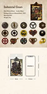 Vue détaillée d'autocollants PET engrenages vintage avec comparaison de taille de mobile