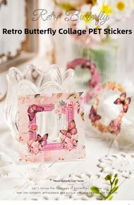 Detail van vintage PET-stickers met vlinderframes en bloemmotieven voor journaling-projecten