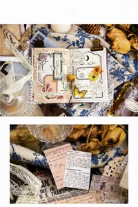 Detail shot of vintage collage scrapbooking material pack with retro floral backgrounds