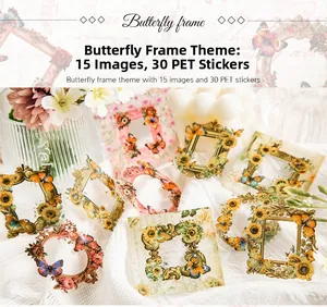 Gedetailleerde PET-stickers met vintage vlinderkaders voor scrapbooking en kunst