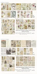 Detail view of vintage scrapbooking paper kits with diverse floral and newsprint designs