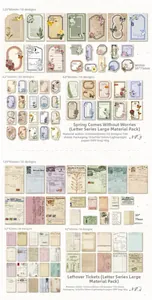 Flat lay of retro flower and ticket scrapbook paper sheets with various vintage patterns