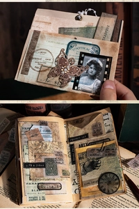 Detalle macro del kit de scrapbooking vintage con tiras de película y papel retro