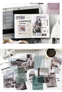 Detailed flat lay of vintage aesthetic paper scraps and scrapbooking collage materials