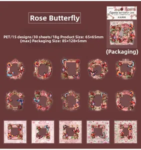 Platliggende weergave van retro roos- en vlinder PET-stickers voor scrapbooking