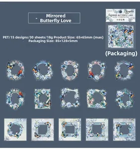 Detail van 15 vintage PET-stickers met blauwe vlinders en bloemen voor scrapbooking