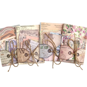 Vintage scrapbooking material set with retro paper labels and twine-wrapped floral cards