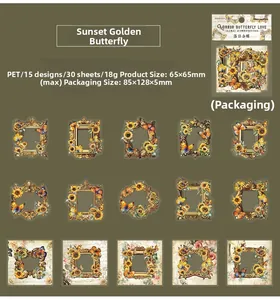 Gedetailleerde PET-stickerspecificaties met vlinderontwerpen en 15 unieke kaders