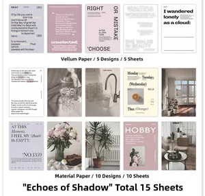 Detailed grid layout of 15 vintage scrapbooking papers with translucent vellum textures