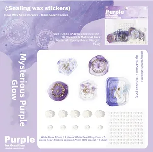 Detail of purple gold-stamped wax seal resin stickers with rose and pearl DIY craft accents