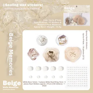 Detail of white memories epoxy sticker set with 12mm roses and pearl accessories