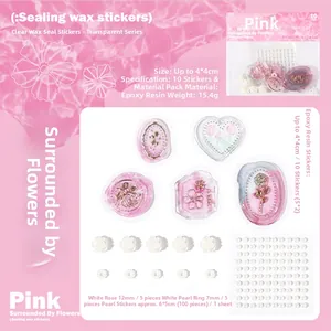 Pink DIY floral sealing wax resin stickers with white roses and pearl accessories