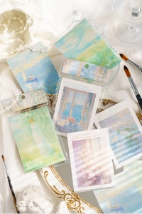 Artistic close-up of impressionist oil painting stationery notes with vintage decor
