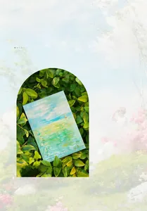 Artistic impressionist oil painting notepad with serene blue and green landscape detail