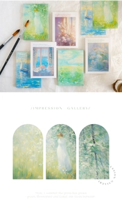 Detailed view of Impressionist gallery memo pads featuring floral and coastal oil painting art