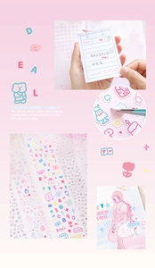 Close-up of cute pink bear and rabbit stationery set with stickers and masking tapes
