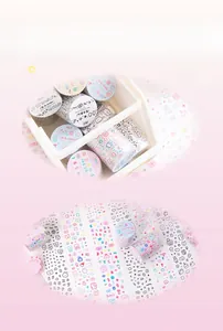 Detailed close-up of cute cartoon washi tape with die-cut patterns and release paper backing