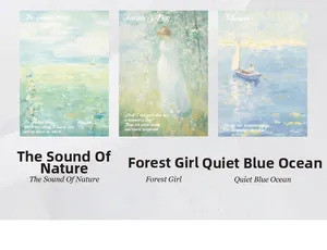 Detailed view of impressionist memo pads featuring nature ocean and forest girl themes