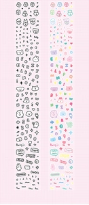Close-up of decorative DIY tape stickers with cute animal icons, letters and numbers