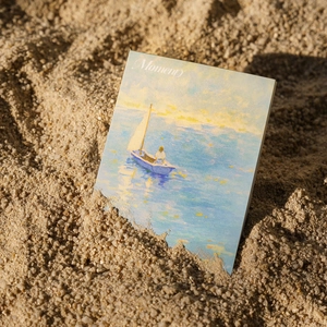 Impressionist oil painting notepad with blue boat illustration and Moment typography