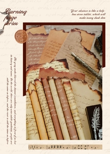 Dettaglio di carta vintage Burning Page Series con bordi bruciati e scritte a mano