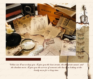 Dettaglio di carta scrapbooking vintage con bordi bruciati, motivi vittoriani e vecchi giornali