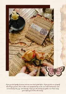 Makroaufnahme von Scrapbook-Papier mit Brandkanten, Notenblättern und Vintage-Manuskript-Textur
