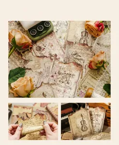 Vintage-Scrapbook-Papier mit verbrannten Kanten, Violinen- und Blumenmotiven auf Retro-Stil
