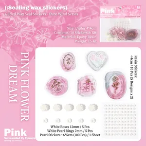 Pink gold-stamped wax seal sticker kit with resin roses and pearls for DIY journaling