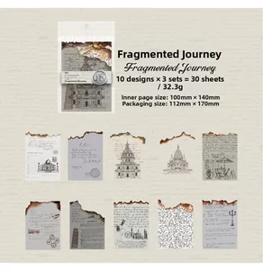 Detailliertes Set aus Vintage-Papieraufklebern mit Brandrand und Architektur-Motiven