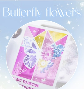 Macro detail of holographic butterfly floral stickers with metallic gradient finish